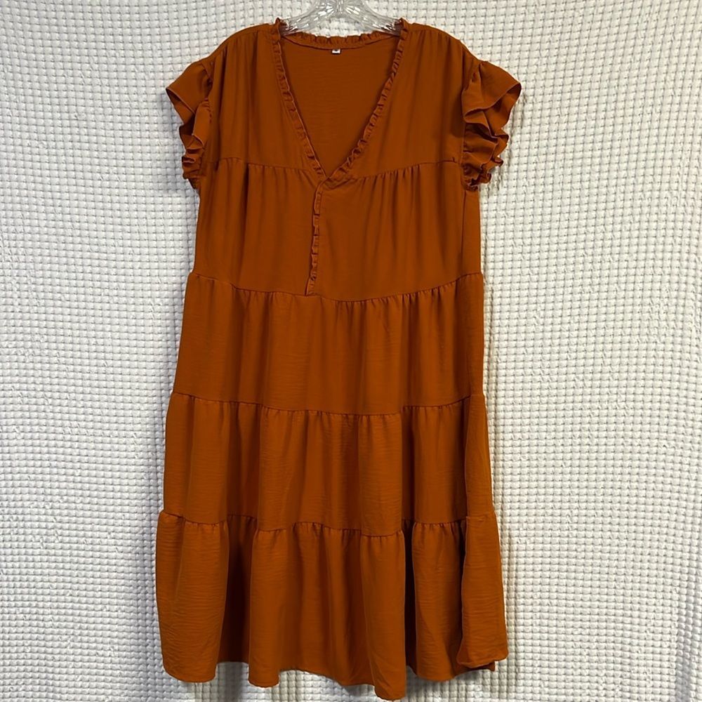 Burnt Orange Tiered Midi Oversized Loose Fit Short Sleeve V Neck Dress Fall